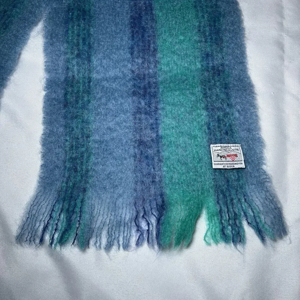 Avoca Handweavers Scarf Mohair Wool Blend Handwoven Blue Striped 58”x10”